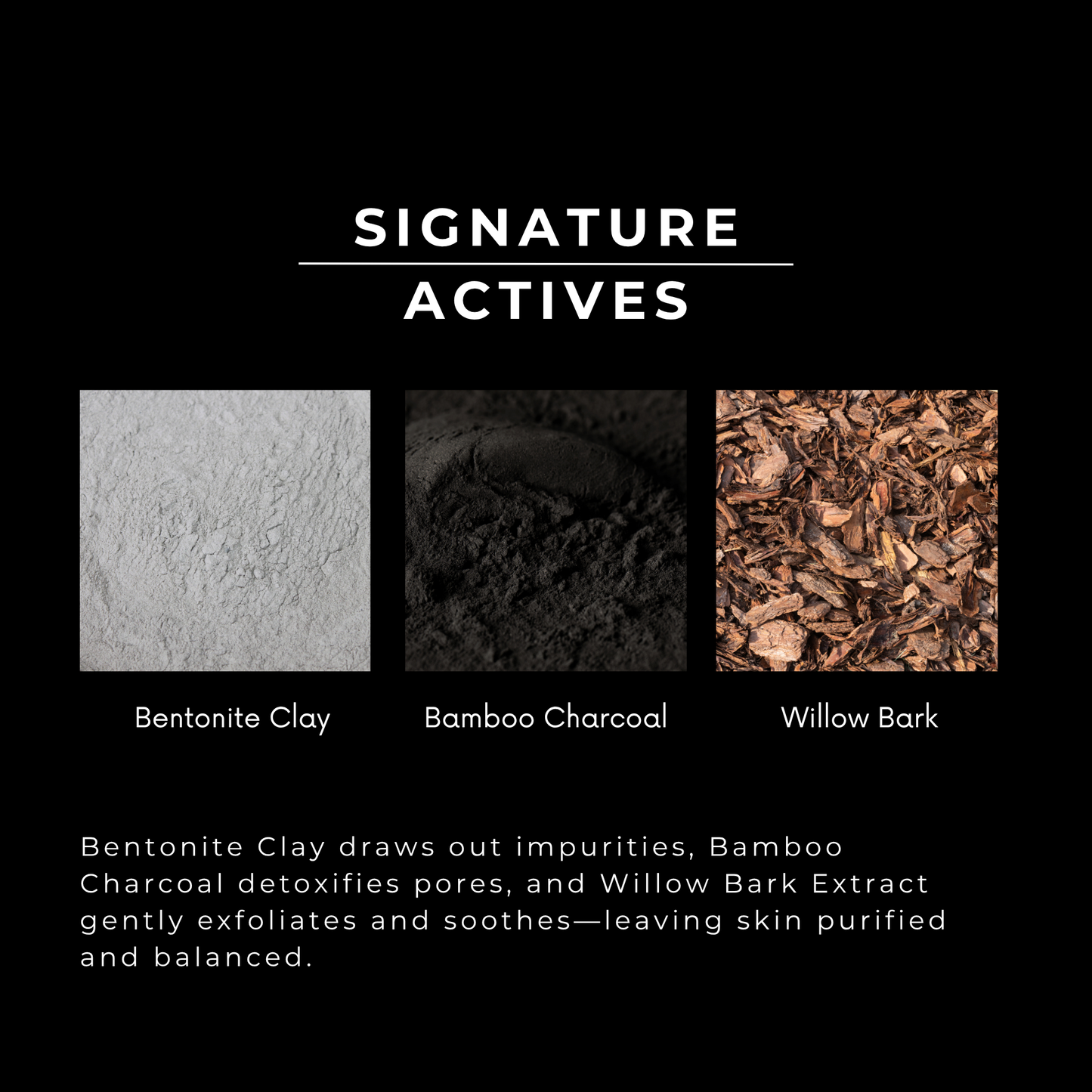 Three types of natural ingredients with their names and descriptions on a black background.