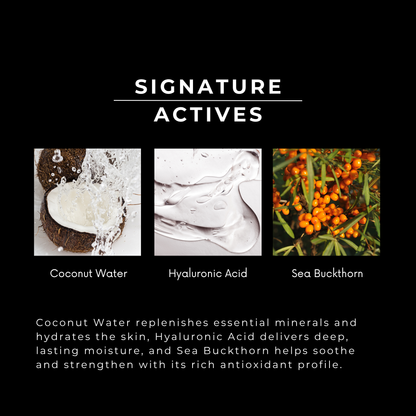 List of signature actives with images and descriptions on a black background