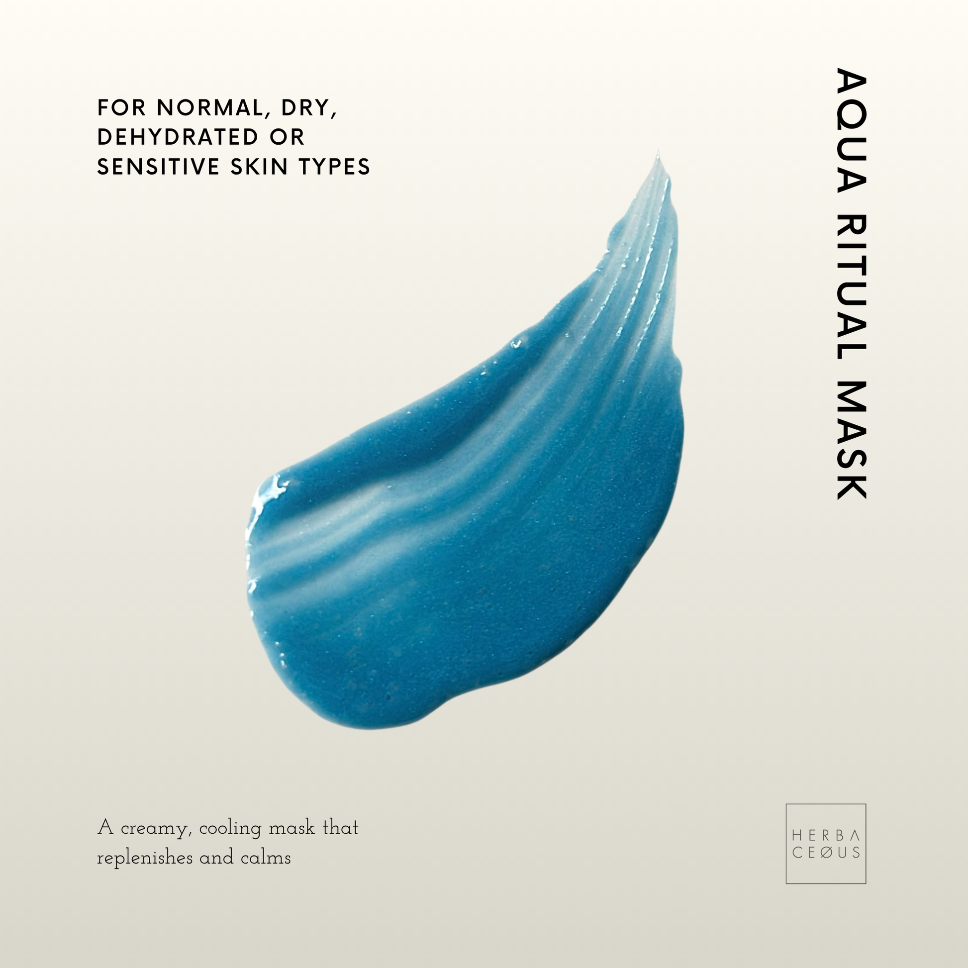 Blue mask swatch on a beige background with text about skin types and product description.