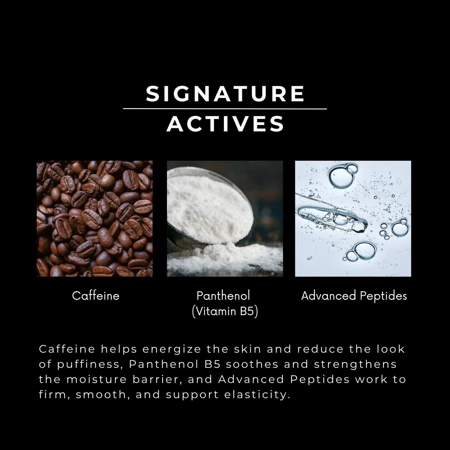 List of signature actives with images and descriptions on a black background