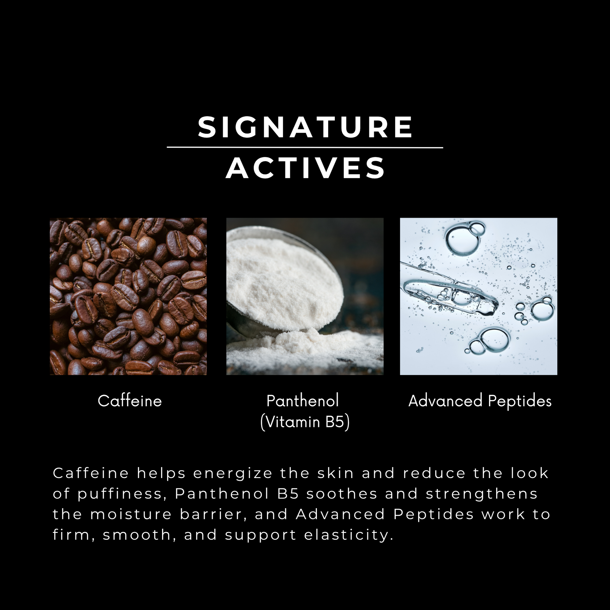 List of signature actives with images and descriptions on a black background