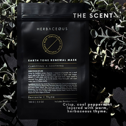 Herbaceous Earth Tone Renewal Mask packaging with plant elements