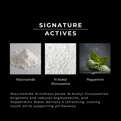 Signature actives with images and descriptions on a black background