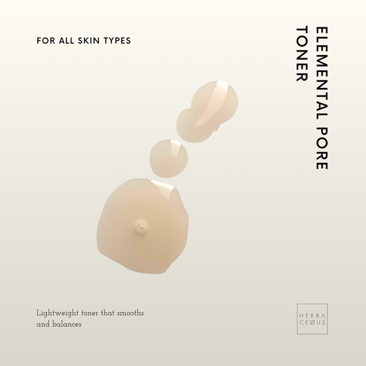 Elemental Pore Toner packaging with product droplets on a light background, featuring the brand 'Herba Ceaus'.