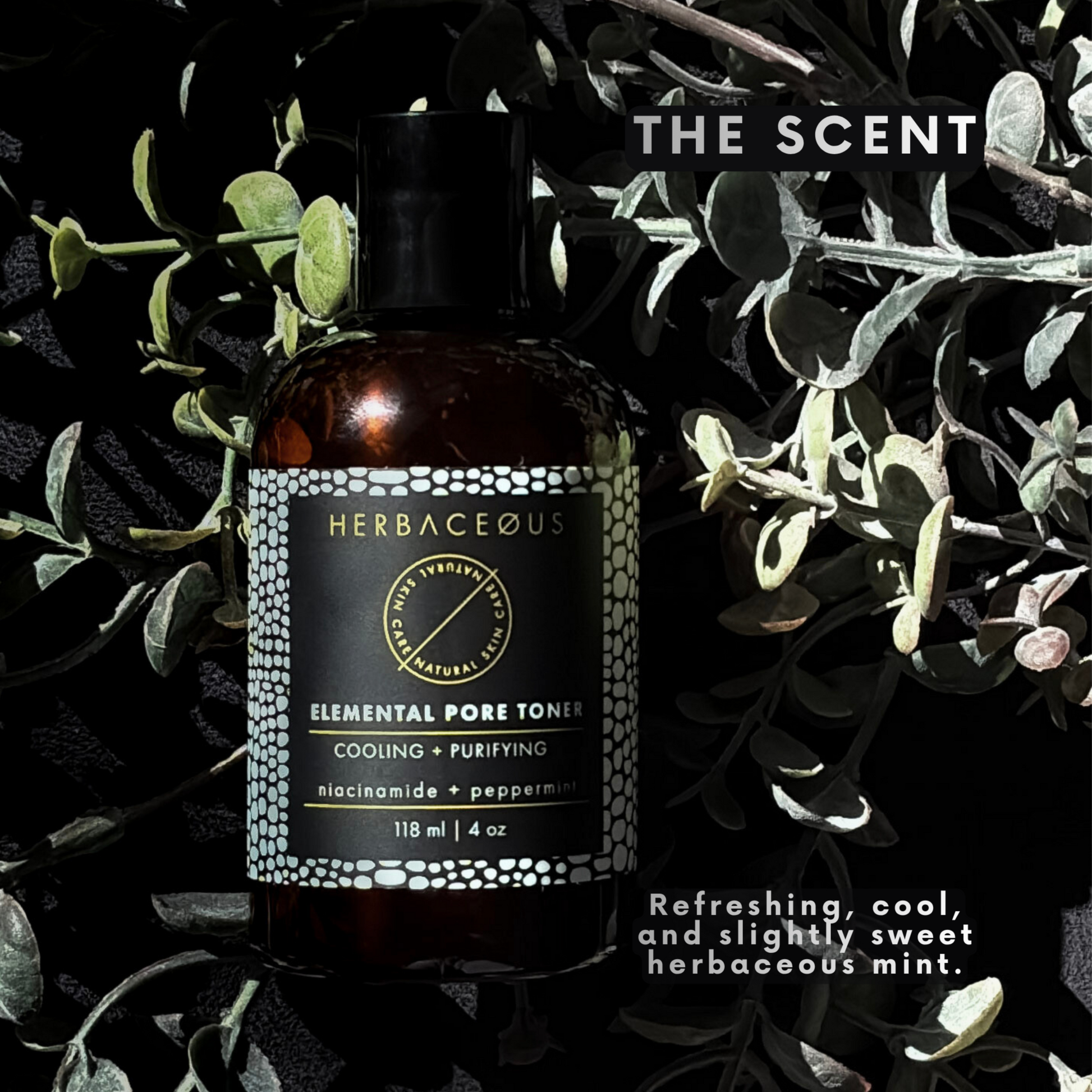 Bottle of Herbaceous Elemental Pore Toner surrounded by green leaves on a dark background