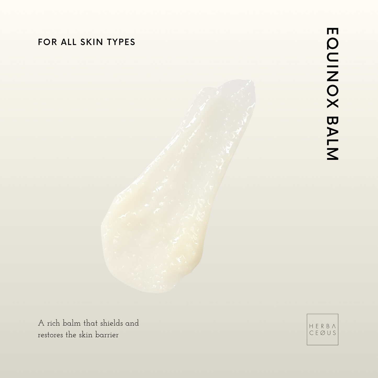 Equinox Balm droplet with branding and product description on a light gray background