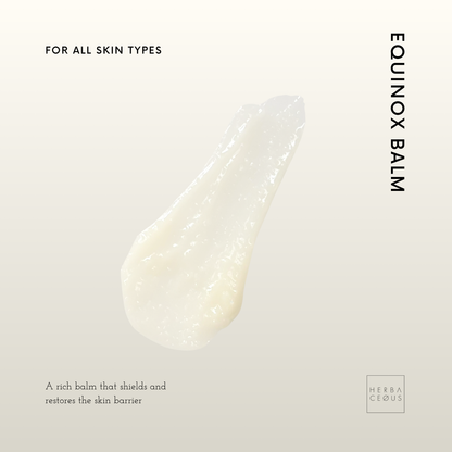 Equinox Balm droplet with branding and product description on a light gray background
