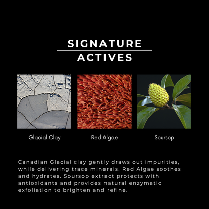 Three images of glacial clay, red algae, and soursop with text describing their properties.
