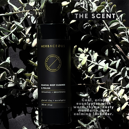 Black bottle of Herbaceèus skincare product with green leaves in the background
