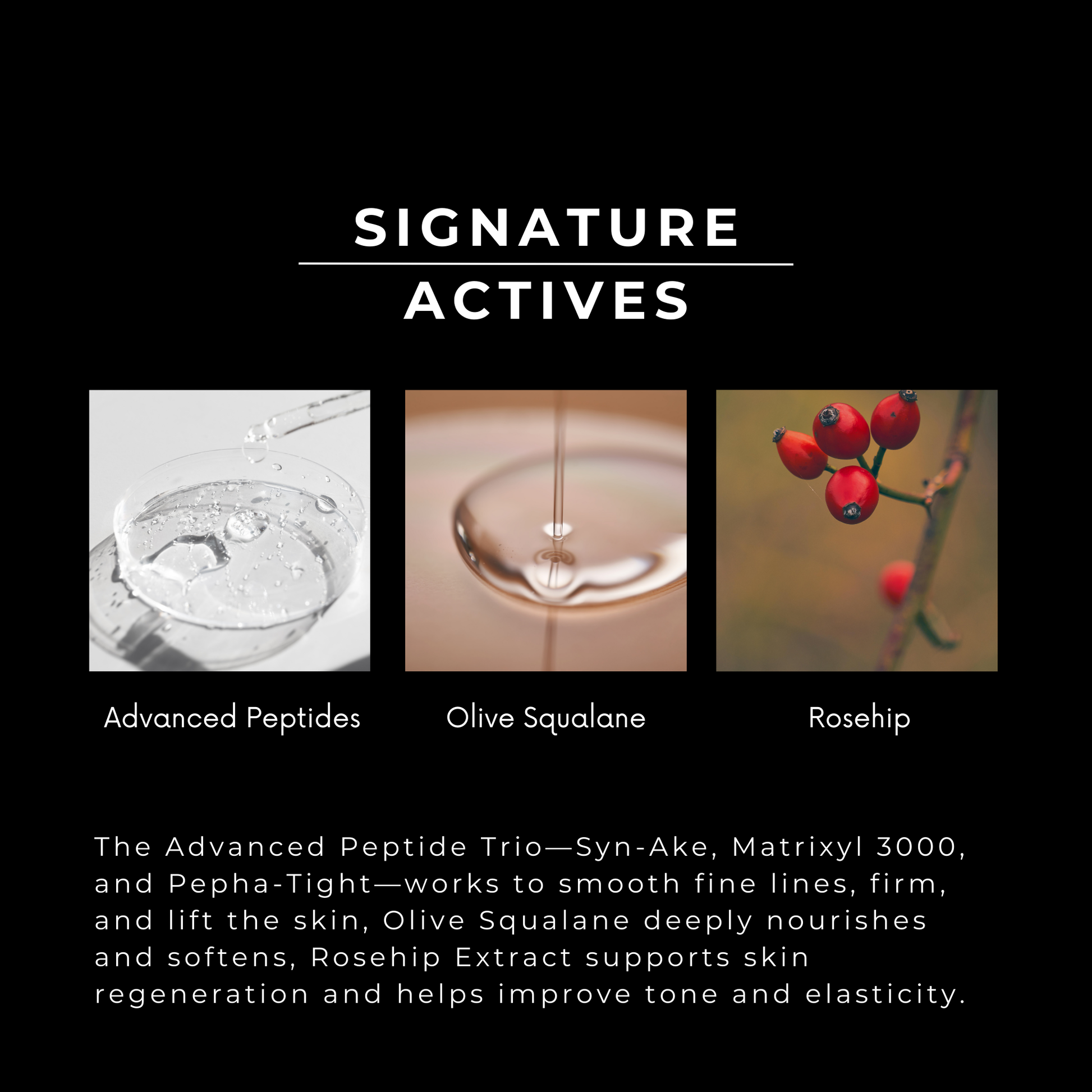 Advertisement for skincare products with images of advanced peptides, olive squalane, and rosehip extract on a black background.
