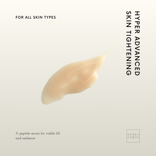 Peptide serum swatch with 'Herbaceous' branding on a light background