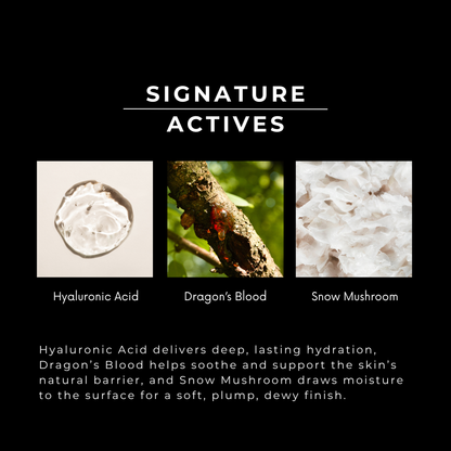 Three images of skincare ingredients with descriptions on a black background