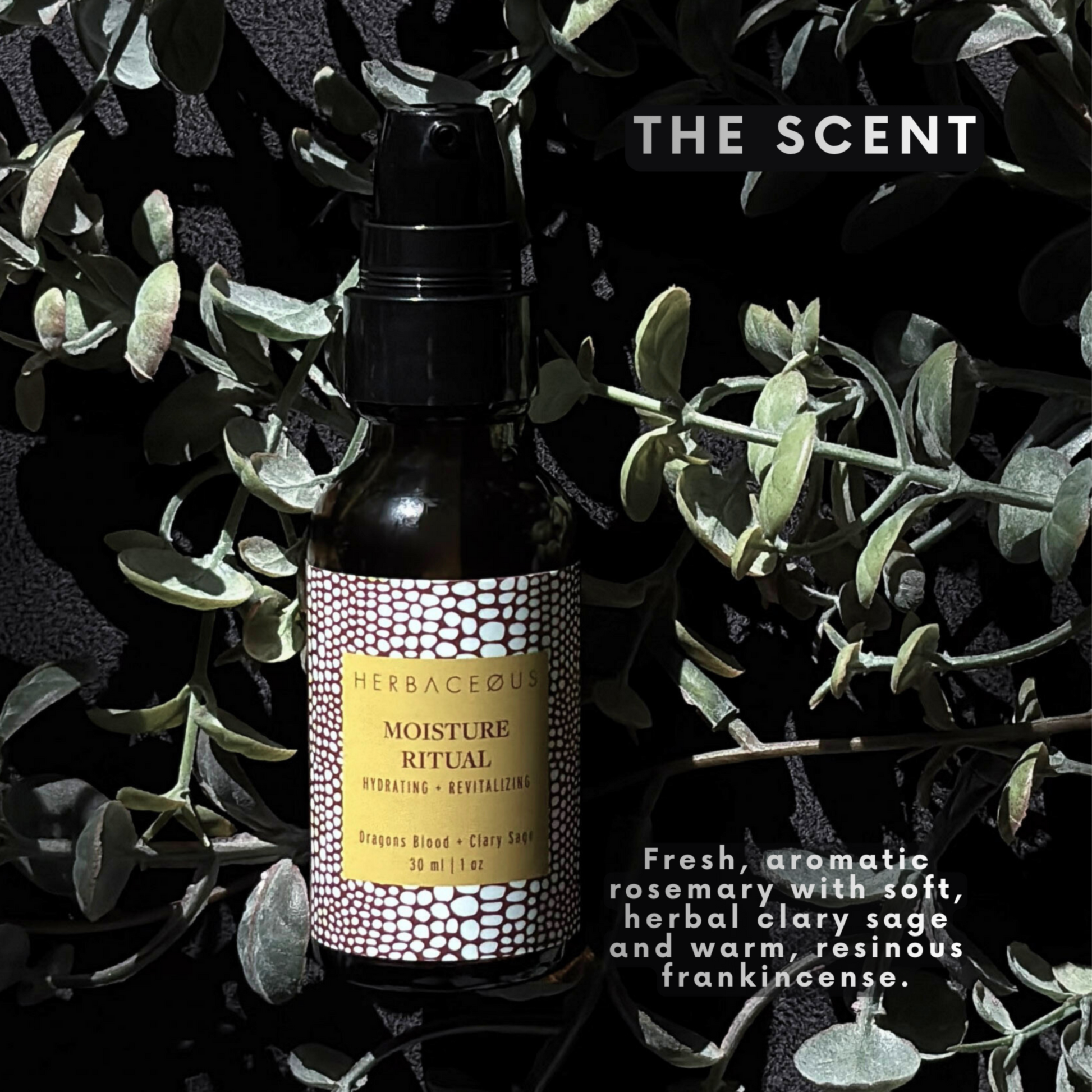 Bottle of Herbaceous Moisture Ritual with eucalyptus leaves on a dark background