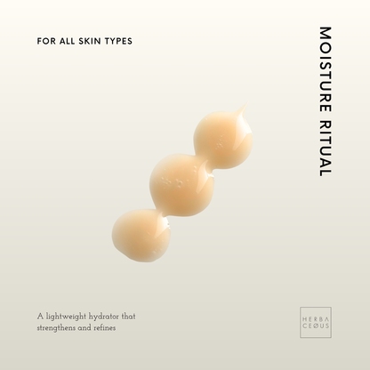 Skincare product packaging with 'Moisture Ritual' text and 'HerbCeus' branding on a light background.