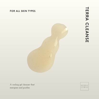 Terra Cleanse cooling gel cleanser on a light beige background with brand name and product description.