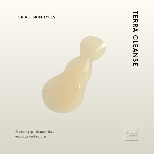 Terra Cleanse cooling gel cleanser on a light beige background with brand name and product description.